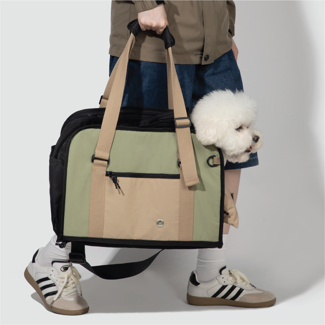 Pawsitivity's Pet Carrier: Air-compliant travel bag for dogs and cats. Indulge your pet in comfort and convenience. The spacious opening ensures easy entry and exit. The bottom is supported with a removable fiber board for excellent support; Crafted from waterproof, scratch-resistant and premium-grade nylon.
