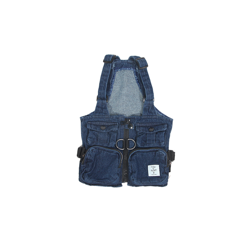 Pawsitivity's Pet Outfit: A Classic Dark Blue Denim Vest for Pets - Campaign-Style Chic.